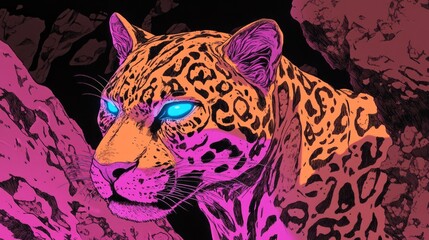 Poster - A vibrant, stylized illustration of a leopard with glowing blue eyes against a dark background.