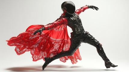 Leinwandbilder - A figure in a futuristic outfit with a helmet and a flowing red cape, striking a dynamic pose.