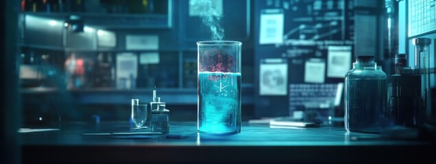 Aufkleber - A laboratory setting with a glowing beaker, steam rising, surrounded by scientific equipment.