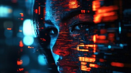 Poster - A close-up of a woman's face overlaid with digital data and glowing elements.