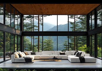 Wall Mural - Modern Sectional Sofa In Glass House With Mountain View