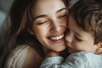 Wall Mural - Heartwarming moment of a joyful mother smiling as she plays with her children while her son gives her a cheeky kiss