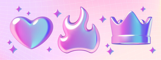 holographic y2k style heart, flame and crown 3d stickers set on a pink and purple gradient backgroun