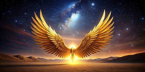 Wall Mural - Radiant Golden Wings in Mystical Landscape