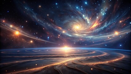 Wall Mural - cosmic landscape a planetary vista with swirling galaxies and a radiant sunrise