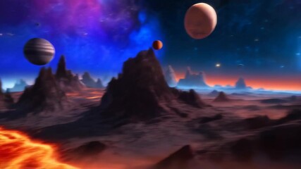 Wall Mural - A dramatic and vivid space scene with detailed cracked surface planets and other celestial bodies
