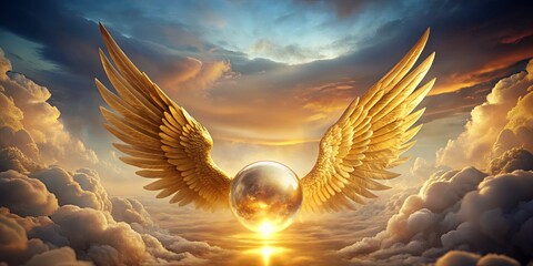 Wall Mural - Golden Wings and Sphere Against Dramatic Sky