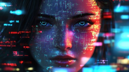 Poster - A digital portrait of a woman with a futuristic, data-driven aesthetic.