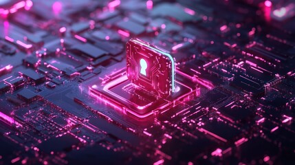 Fototapete - A digital representation of cybersecurity with a glowing lock symbol on a circuit board.