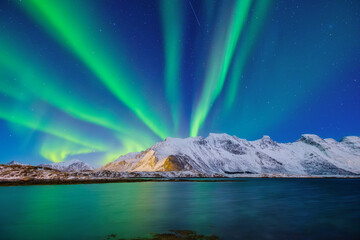 Wall Mural - aurora borealis in scandinavia. norway, lofoten islands. northern lights over the mountains. starry 