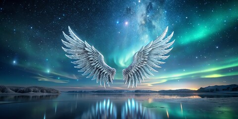 Wall Mural - Ethereal Wings against Starry Aurora Sky