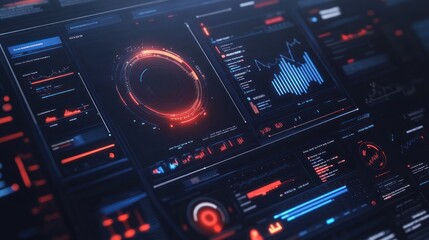 Fototapete - A futuristic dashboard displaying data analytics with glowing elements and graphs.