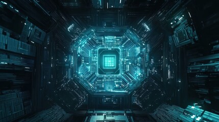 Aufkleber - A futuristic digital environment showcasing a glowing central processor and intricate circuitry.