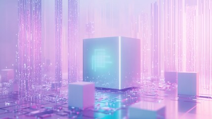 Poster - A futuristic digital landscape featuring a glowing cube amidst shimmering vertical lines.