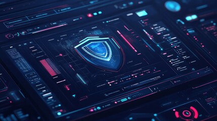 Fototapete - A futuristic digital interface featuring a shield symbol, representing cybersecurity and protection.