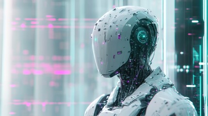 Fototapete - A futuristic humanoid robot with a sleek design, surrounded by digital elements.
