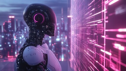 Fototapete - A futuristic robot interacts with a digital interface in a neon-lit cityscape.