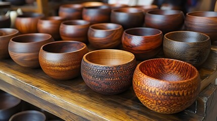 Wall Mural - A collection of wooden bowls of various sizes and shapes