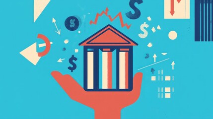 Poster - A graphic representation of finance, showcasing a bank and monetary symbols.