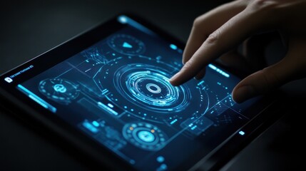 Fototapete - A hand interacting with a futuristic digital interface on a tablet screen.