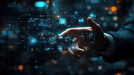Fototapete - A hand interacts with a digital interface displaying futuristic data and technology elements.