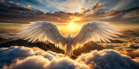 Wall Mural - Ethereal Angel Wings Against a Majestic Sunset