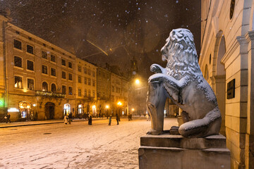 Wall Mural - Market square in Lviv  in winter at night