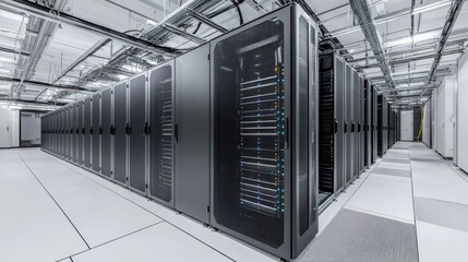 Fototapete - A modern data center featuring rows of servers and organized cabling for efficient computing.