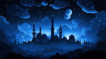 Wall Mural - Night sky over a mystical city with mosques and twin moons.