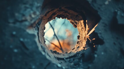 Circular Opening in Concrete Wall with Warm Light and Nature View