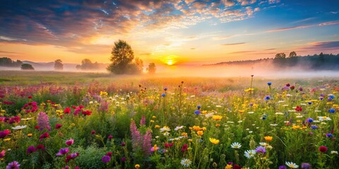 Wall Mural - Beautiful field with colorful wild flowers foggy landscape at sunrise, field, colorful, wild flowers, foggy, landscape, sunrise