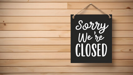 Sorry we're closed sign board on wooden background with empty copy space. Perfect for marketing, business, retail store, office.