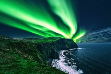mesmerizing green aurora borealis over irish coastal cliffs for st patrick s day