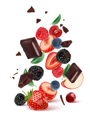 Poster - Mixed berries fruit with red raspberry, apple, strawberry, blackberry, blueberry, banana smoothies fruit splashing of Tropical fruits isolated on white background. Vector in 3D illustrations.