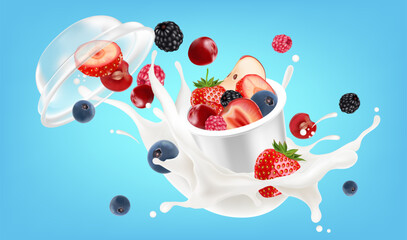 Poster - Packaging mock up mixed berries
smoothies fruit splashing of Tropical fruits isolated on solid background. Vector in 3D illustrations.