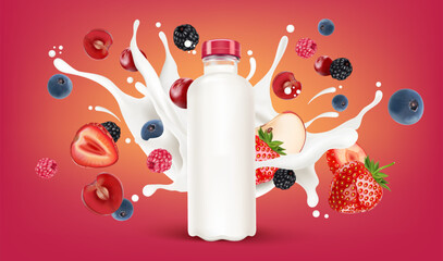 Poster - Packaging mock up mixed berries
smoothies fruit splashing of Tropical fruits isolated on solid background. Vector in 3D illustrations.