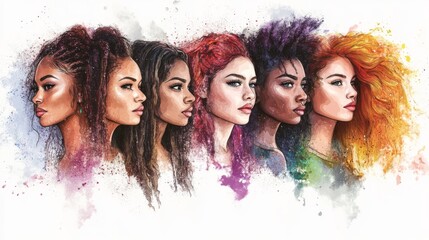 Wall Mural - Women from different ethnic backgrounds, each showcasing unique hairstyles and expressions