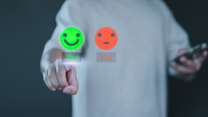 Fototapete - A person interacts with a digital interface displaying green smile 