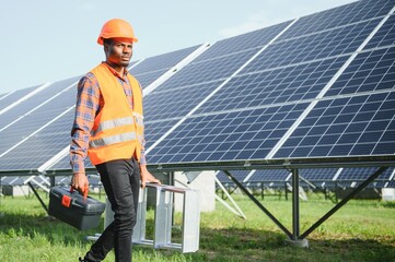 Wall Mural - Portrait of young handsome African American craftsman in protective helmet. Man in uniform and with tools standing among solar panels