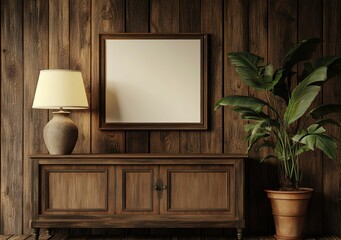 Wall Mural - Cozy interior with lamp, plant, empty frame, and wooden furniture