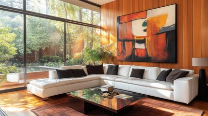 Wall Mural - Modern Living Room with White Sofa and Abstract Wall Art View