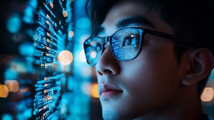 Wall Mural - Focused programmer looking at glowing code on a large screen at night.