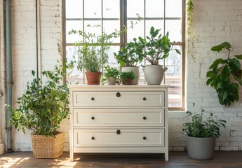 Wall Mural - Bright Indoor Plant Arrangement with White Dresser and Window Light