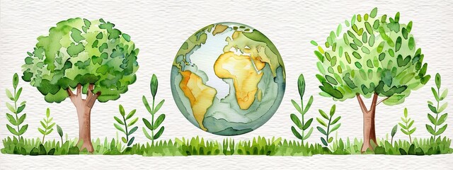 Poster - A cute watercolor clipart of a small, floating spherical world covered in lush green forests, 