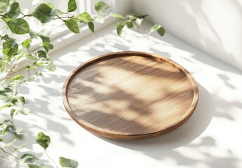 Wall Mural - Minimalist Wooden Plate on White Surface with Natural Shadows