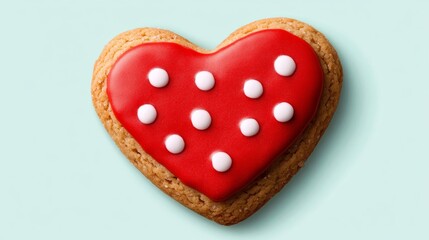 Wall Mural - Heart-shaped Valentine cookie with red frosting and white polka dots isolated on a pastel background 