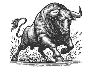 muscular bull in mid-charge, capturing strength, aggression, and motion in a bold style sketch engra