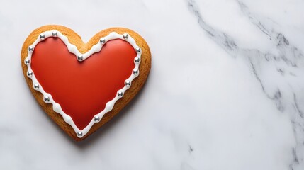 Wall Mural - Heart-shaped Valentines cookie with delicate white icing and silver beads on a marble background 