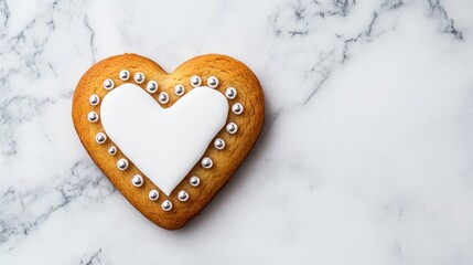 Wall Mural - Heart-shaped Valentines cookie with delicate white icing and silver beads on a marble background 