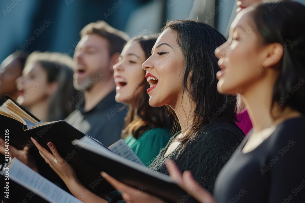 Expressive Singer A group of diverse singers performing, outdoor choir concert ...